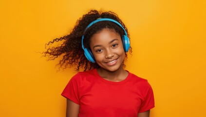 Attractive girl relaxing in studio with an orange backdrop. Dressed in a red tee and wearing blue headphones, she smiles at the camera, her long curly hair swaying as she moves