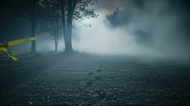 Dark Crime Scene Tape in Foggy Forest with Footprints Cinematic