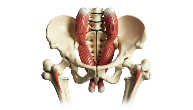 Detailed view of human pelvis muscles and bones anatomy skeleton isolated on a transparent background