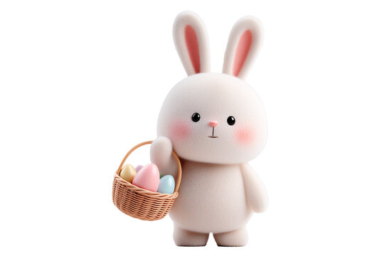 Cute stylized Easter bunny character holding a small basket of colorful eggs during the Easter celebration