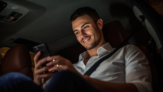 Disguised communication. Attractive young man at a low angle using his smartphone in a car
