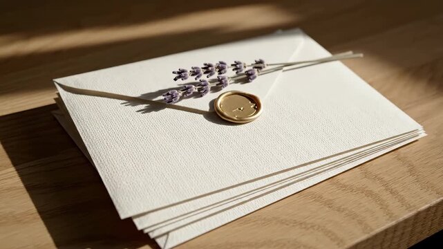 Elegant Stack of Envelopes with Wax Seal and Decorative Elements.