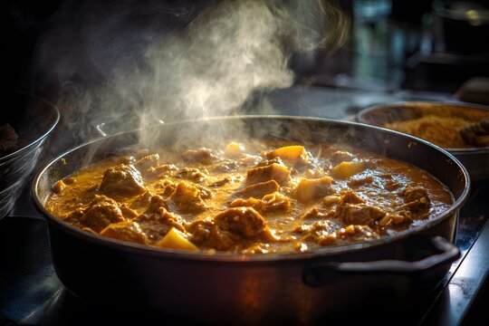 Rich aroma of slow cooked onion spice waft through steam shrouded kitchen where Massaman curry's creamy texture deep flavor simmer gently low heat amidst medley of tender beef crunchy peanut clean