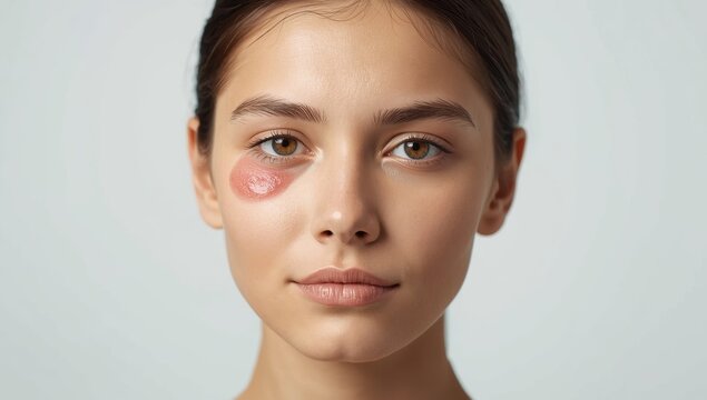 Young woman with upper eyelid chalazion and viral infection, posing for the camera in isolation