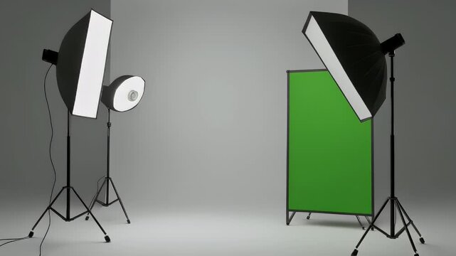 Professional photo studio setup with softbox lights, a smaller fill light, and a green screen panel against a neutral grey background.