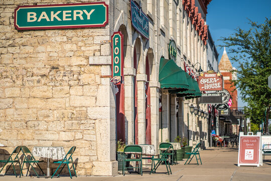 Bakery and Food Signs on Side of Stone Building on Dowtown Square of Granbury, Texas