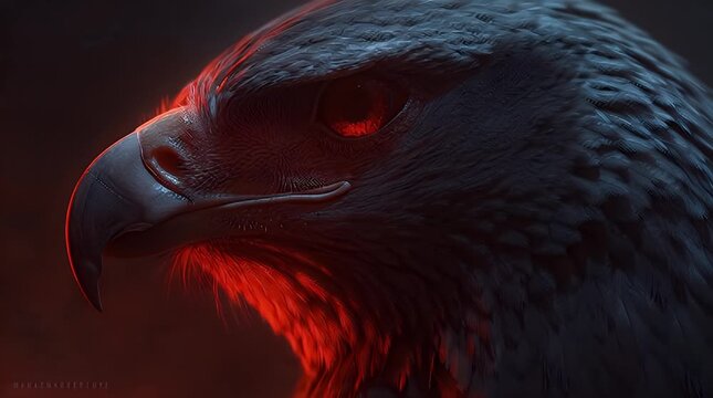 A close-up portrait of a bird's head with glowing red eyes and sharp beak against a dark background