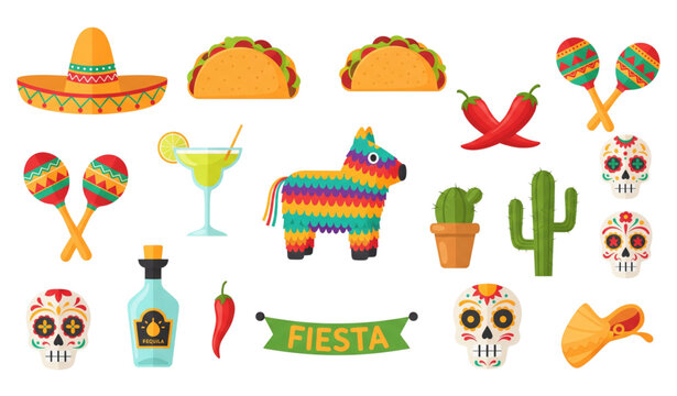 Colorful Mexican icons vector set isolated on white background