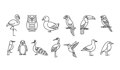 Fototapeta premium Linear birds icon set vector illustration including flamingo, owl, duck, and other bird species