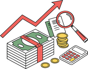  Isometric Financial Analysis Illustration with Money, Calculator, and Growth Chart