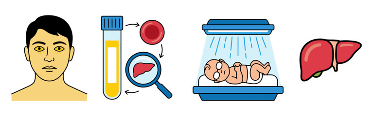 Jaundice Awareness Medical Concept Set Liver Disease Symptoms Diagnosis Blood Test Newborn Phototherapy Healthcare Icons flat vector illustration