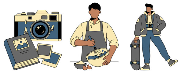 Male Lifestyle Hobby Set Photographer Camera Cooking Chef Baking Skateboard Youth Activity Modern Daily Life Concept Character Design flat vector illustration