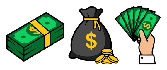 Money Cash Finance Icon Set with Dollar Bills Stack Money Bag Coins Currency Notes Hand Holding Cash Financial Wealth Concept flat vector illustration
