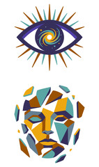 Abstract Surreal Eye Galaxy Symbol and Broken Human Face Optical Illusion Concept Spiritual Vision Psychology Mind Awareness Design flat vector illustration