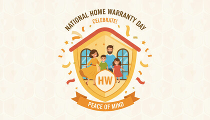 illustration of a happy family inside a protected house with a shield icon, celebrating National Home Warranty Day