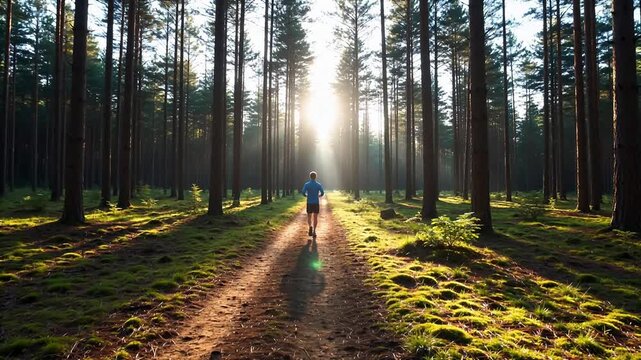 Person running on forest path at sunrise
