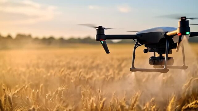 Agricultural drone spraying pesticides over golden wheat field at sunset with bright sun flare