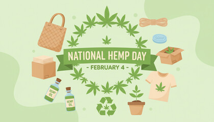 illustration of hemp leaves and eco-friendly products, celebrating National Hemp Day