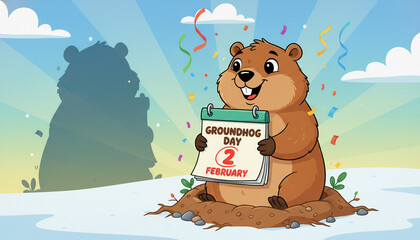 illustration of a cute groundhog popping out of its burrow, holding a calendar and looking at its shadow, celebrating Groundhog Day