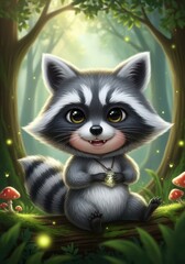 Fototapeta premium Adorable cartoon raccoon sits upon a mossy log in an illuminated fantasy woodland setting