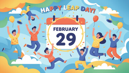 illustration of a calendar with February 29 highlighted, people jumping joyfully, celebrating Leap Day