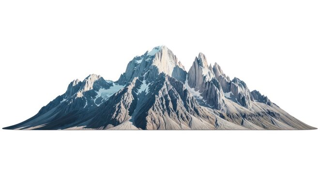 Majestic mountain range with jagged peaks, snow-capped, isolated against a white background