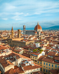Fototapeta premium Aerial view of Florence city skyline showcasing the iconic Duomo Cathedral of Santa Maria del Fiore surrounded by the historic city center
