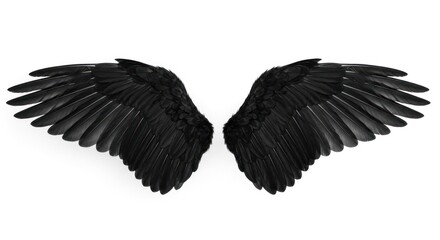 Obraz premium Pair of spread, black bird wings against a white background; detailed feather texture