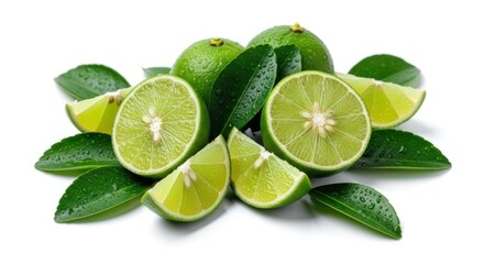 Pile of fresh limes, some cut open, with vibrant green leaves, against a white background