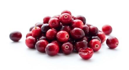 Pile of fresh, vibrant red berries with slight shadows, isolated on a clean white background