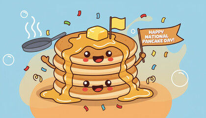 Vector illustration of smiling pancakes with syrup and butter, celebrating National Pancake Day