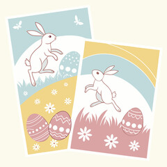 Easter Greeting Card Set with Cute Bunny and Eggs - Soft Pastel Illustrations for Traditional Spring Holiday Messages