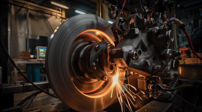 motorcycle brake dynamometer testing machine in operation, close-up of spinning motorcycle wheel, glowing heated brake disc, sparks flying from friction, brake caliper clamped tightly, industrial meta