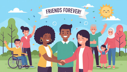 illustration of diverse people meeting and becoming friends, shaking hands and smiling for National Make a Friend Day