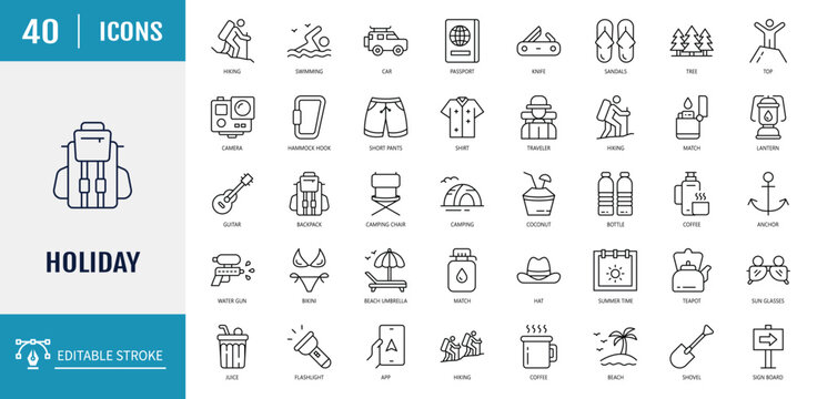 Holiday icon set. Icludes Holiday, vacation, travel, hotel, beach, sunset, island and more. Outline Icon Set. Editable stroke with Vector illustration