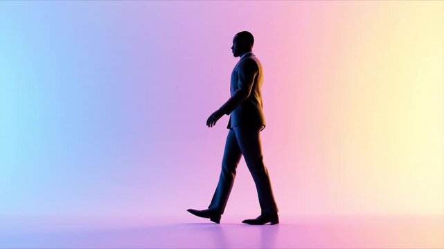 Silhouette Strides: A solitary figure, a businessman strides confidently across a vibrant gradient background, embodying determination and purpose.