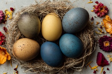 Obraz premium Easter eggs dyed with natural ingredients in earthy shades of brown, yellow, and blue on a nest of hay and dried grass