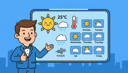 llustration of a friendly weather presenter pointing at a forecast screen with sun, clouds, rain and snow icons for  National Weatherperson&rsquo;s Day