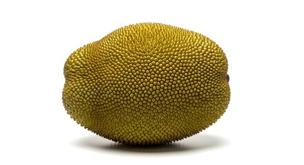 Whole, textured, yellow-green tropical fruit with many small, conical spikes against white