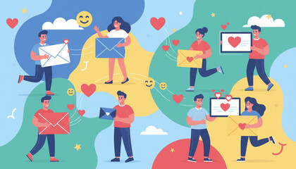 illustration of people sending greeting cards to friends, envelopes, hearts and smiles for National Send a Card to a Friend Day