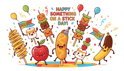 illustration of various foods on sticks, such as corn dogs, candy apples, skewers, with smiling faces, celebrating Something on a Stick Day