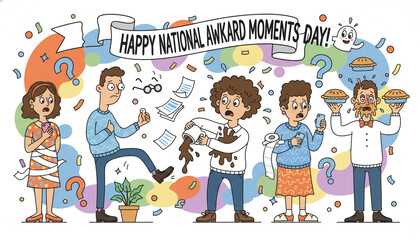 illustration of diverse people in funny awkward situations, spilling coffee, tripping, or confused expressions, celebrating National Awkward Moments Day