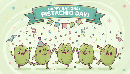 illustration of cheerful pistachio nuts with smiling faces, celebrating National Pistachio Day