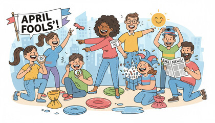 illustration of diverse people playing harmless pranks, laughing, and having fun, celebrating April Fools&rsquo; Day