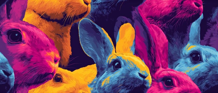 Vibrant maximalist seamless pattern for Easter with bold bunny heads in bright colors on dark purple background