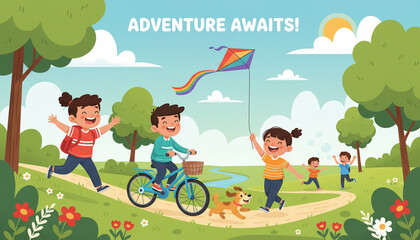 illustration of children playing outside in nature, running, biking, and flying kites for  National Play Outside Day