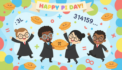 illustration of cheerful mathematicians celebrating Pi Day with floating pies, numbers, and symbols