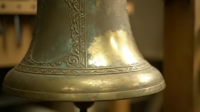 Gloved hand meticulously cleaning vintage brass bell with cloth