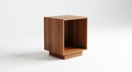 A modern, minimalist wooden side table with a cuboid shape, open on one side