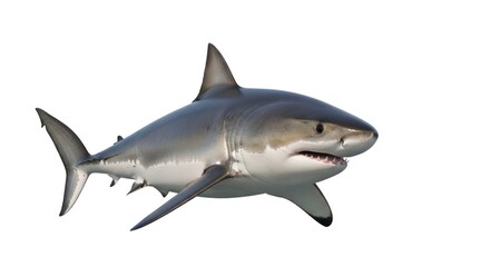Fototapeta premium A photorealistic, isolated shark depiction with open mouth, fins extended, and white background